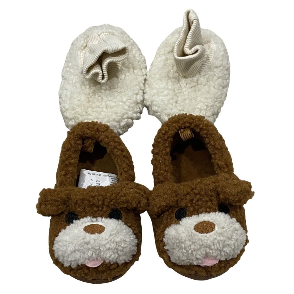 2 Pairs of Baby Slippers Brown Sherpa Lined Puppy Dog Moccasins Size 5